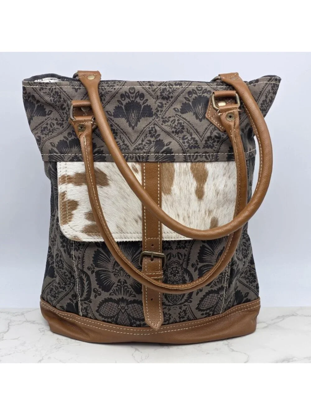 Myra Bag Tote Handbag Womens Brown Canvas Cowhide Leather Floral Western Boho